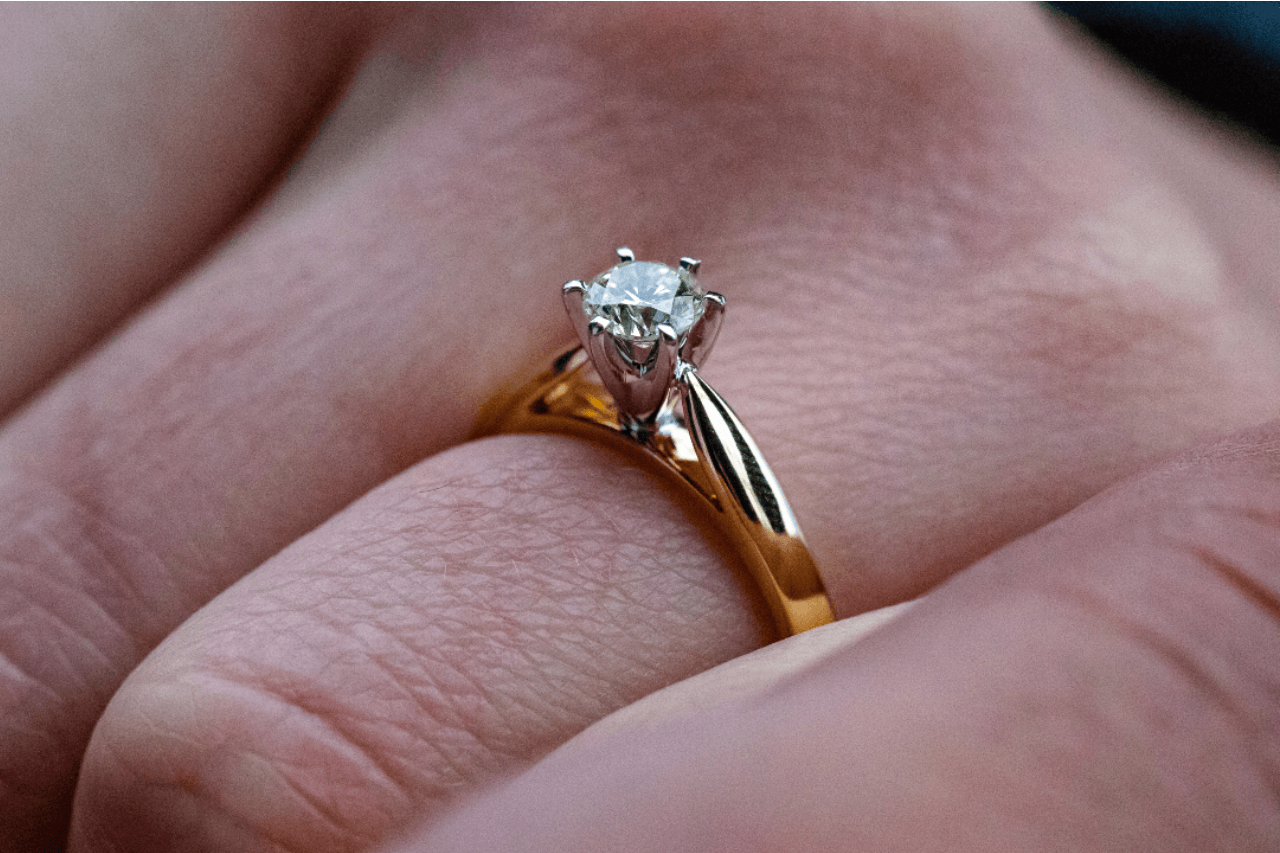 Close up image of a hand wearing a solitaire, round cut engagement ring