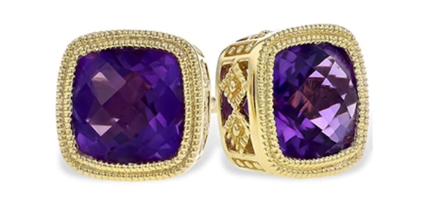 This pair of vintage-inspired amethyst stud earrings from Allison-Kaufman feature 14k yellow gold