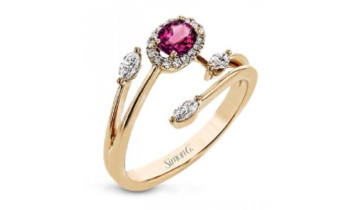 Ruby and diamond fashion ring by Simon G. that resembles a three stone engagement ring